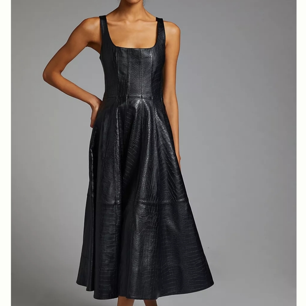 NWT Anthropologie Avec Les Filles Black Faux-Leather Midi Dress, Size S
